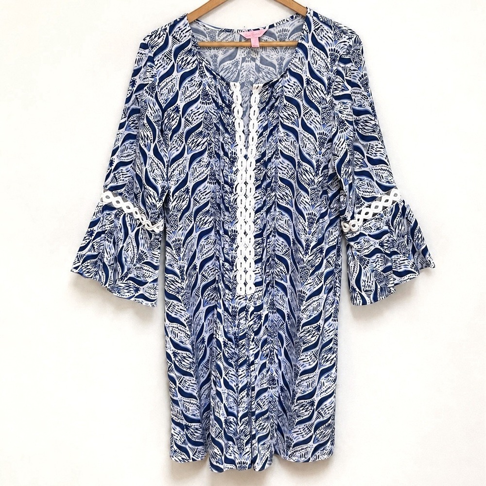 Lilly Pulitzer Hollie Tunic Dress Mermaids Cove Blue White L Bell Sleeve